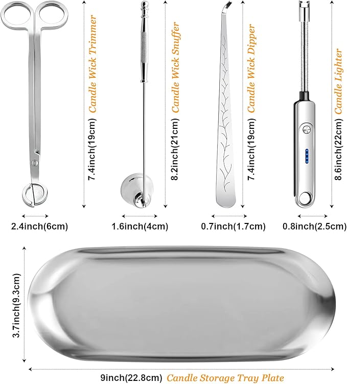 Lsnisni 5Pcs Candle Accessory Set with Rechargeable Electric Lighter, Storage Tray, Wick Trimmer, Snuffer, Dipper - Stainless Steel Care Kit with Gift Package for Candle Lovers - Silver