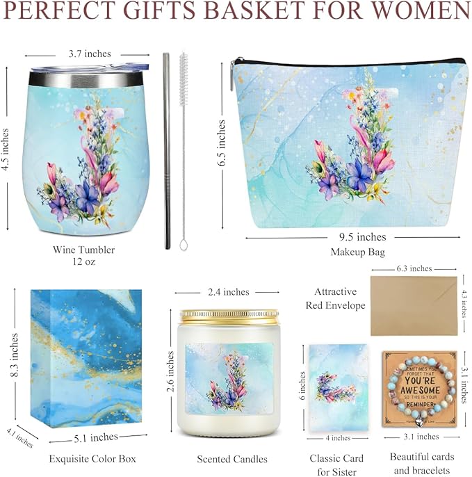 Personalized Gifts Monogrammed Birthday Gifts for Women, Maid of Honor Bachelorette Wedding Christmas Initial Wine Tumbler Makeup Bag Scented Candle Bracelet Set, (Aesthetic Blue Flower J)