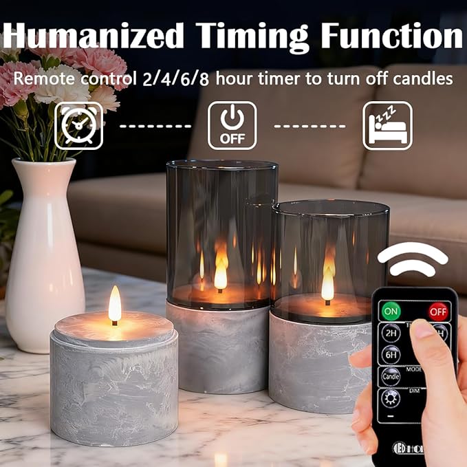 Rechargeable Marble Flameless Candles, Gray Glass LED Pillar Candle with Remote & Timer,Decorative Candles for Living Room, Bedroom, Holiday Décor & Gifts for Women,Set of 3