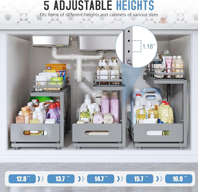 Under Sink Organizer Upgrade To Professional Rails,2-Tier Dual Pull Out Cabinet Storage,Height Adjustable Slide Out Drawers For Bathroom Kitchen,1 Pack-18.5"Dx12.8"-16.9"H,Gun Gray