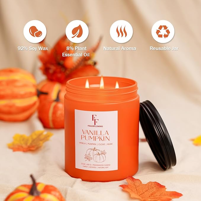 Large Christmas Fall Candle Vanilla Pumpkin Scented, 3-Wick 22oz Long Lasting Scented Candle, Natural Soy Wax Aromatherapy Candle for Home, Holiday Candle Gifts for Women Men