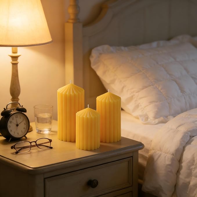 3 Pack Yellow Ribbed Pillar Candles - Soy Wax Unscented, 2.76" x4.2/4.9/5.9 in Smokeless Non Toxic Cotton Wick, Aesthetic Modern Candles for Home Decor, Dinner Table, Living Room, Housewarming Gift