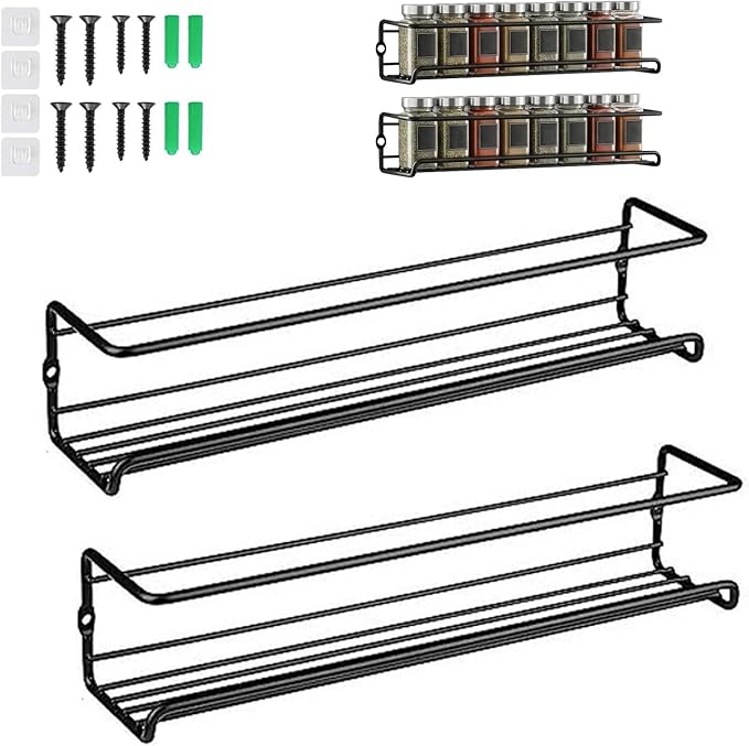 Carbon Steel Wall-Mounted Kitchen Spice Rack,Wall-Mounted Spice Rack Heavy-Duty Space-Saving Organizer with Adhesive or Screw Mountable, for Cabinet Doors, Pantry Walls (2Pcs Black)