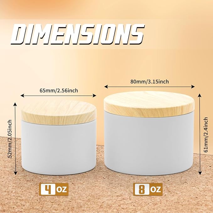 48-Pack Candle Jars, 24pcs 8oz + 24pcs 4oz Candle tins with Metal Wood-Grain Printing Lids, Empty Candle Jars for Making Candles Bulk Candle Containers-White