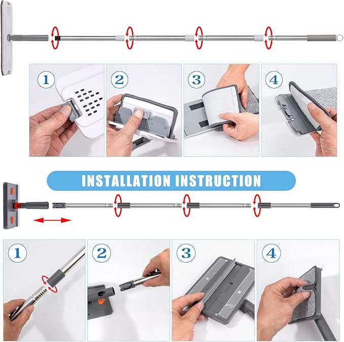 Mops for Floor Cleaning with 57" Long Handle, Baseboard Cleaner Tool with 84" Handle, 2 Reusable Pads, Wet and Dust Mopping for Hardwood, Laminate, Tile Floor, Skirting Board, 7Pcs Gray