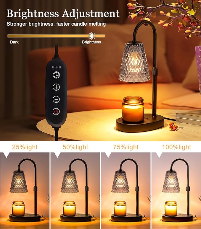Candle Warmer Lamp Electric Timer - Candles Wax Warmers Glass Lamps for Jar Candles Burner No Flame Scented Melting Warming Lantern Adjustable Height Dimmable Light with 2 Bulb for Home Living Bedroom