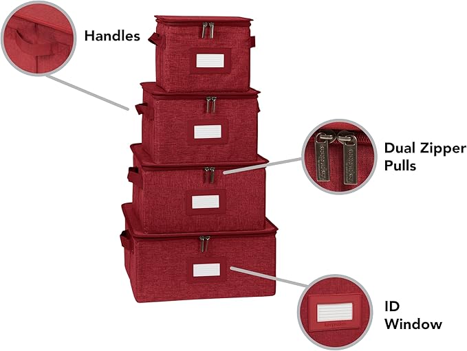 Covermates Dish Storage Box Set – China & Dinner Plate Storage Containers with Felt Dividers, Dual Zippers, Reinforced Handles, ID Window & Stackable Design, Red Heather