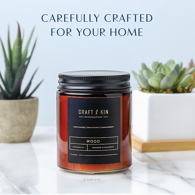 Craft & Kin Scented Candles for Men | Premium Wood Candle | All-Natural Scent for Home | Long Lasting Holiday Candles with 45 Hour Burn Time, 8oz