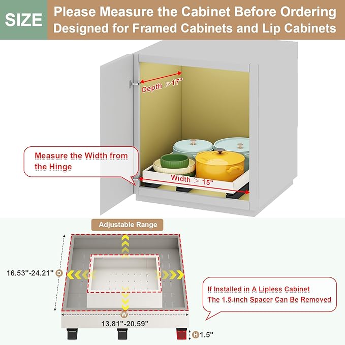 Pull out Cabinet Organizer,Expandable Width(15"-21"),Depth(17"-24") with 3 Rails,Roll out Drawers,No Drill Adjustable Slide out Shelves for Kitchen,Pantry,for Both Lip and Lip-Free Cabinets,White(1PC)