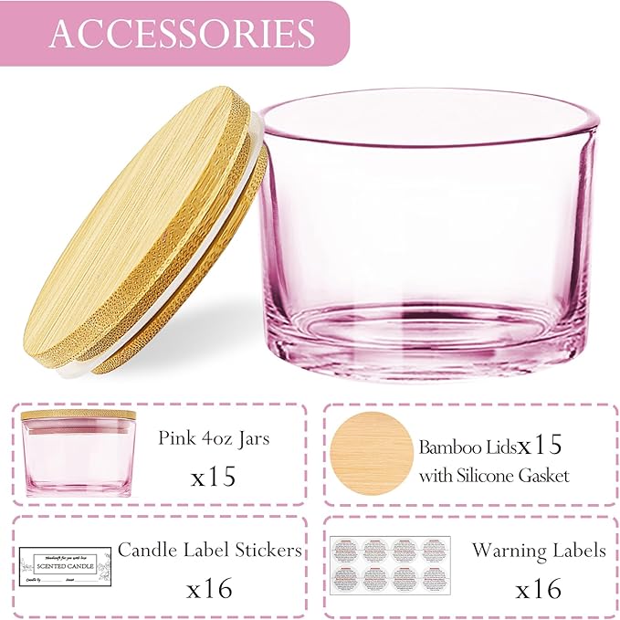 CONNOO 15 Pack 4 OZ Pink Glass Candle Jars with Airtight Bamboo Lids for Making Candles, Bulk Small Wide Mouth Empty Candle Containers with Sticky Warning Labels - Dishwasher Safe