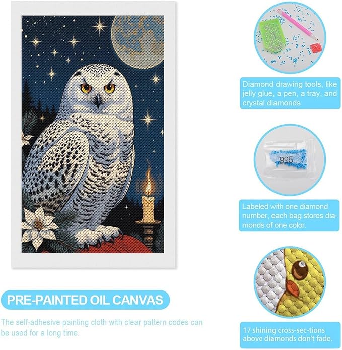 KIVJMSIDJA Snowy Owl & Candle Glow - Winter Night Scene Diamond Art Kits for Adults for Beginners, 5D Full Diamond Art Paint 12"x20"