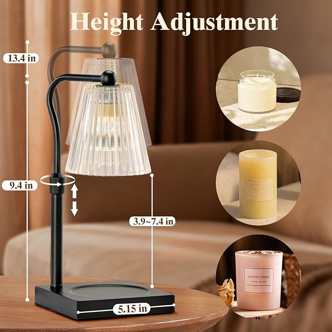 Shevvi Candle Warmer Lamp with Timer, Dimmable Candle Warmer for Jar Candles, Gifts for Women Mom, Height Adjustable Wax Melt Warmer, House Warming Birthday Gift, New Home Decor, Black