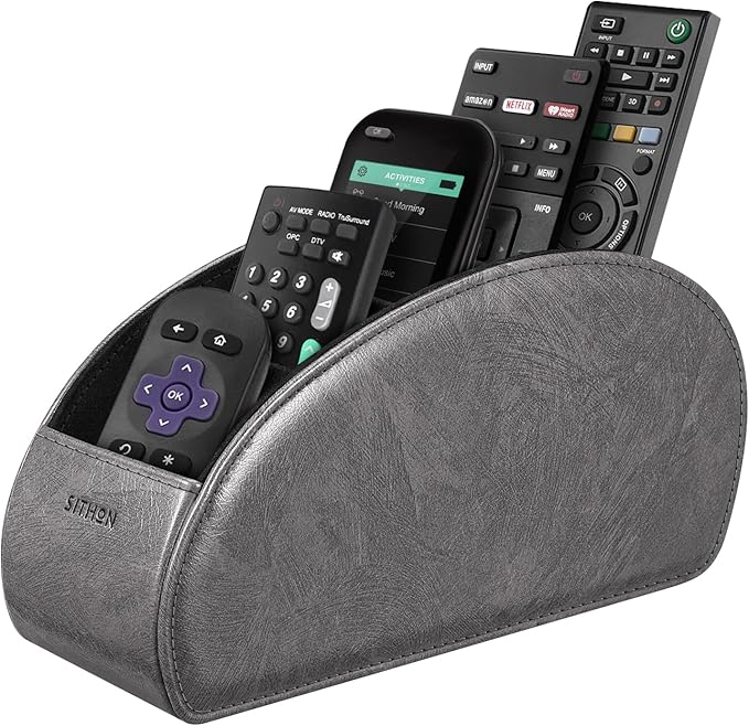 SITHON Remote Control Holder with 5 Compartments - PU Leather Remote Caddy Desktop Organizer Store TV, DVD, Blu-Ray, Media Player, Heater Controllers, Dark Gray