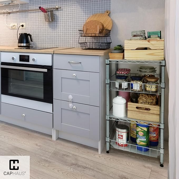 Fencer Wire NSF 2 to 4 Tier Stackable Wire Shelving Unit w/Baskets & Liner, Storage Rack Kitchen, Bathroom, Laundry Closet, Wire Shelving Basket Shelves, Storage Rack Corner Shelves, Silver Grey
