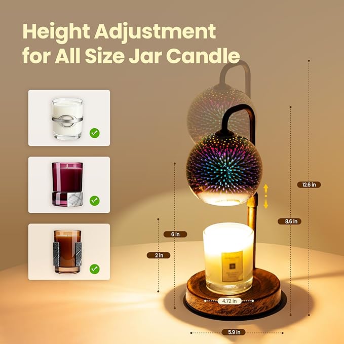 Glocusent Candle Warmer Lamp with Timer, 3D Glass Globe, Antique Base, Dimmable Height Adjustable Wax Melter for Scented Jar Candles, 2-8H Auto Off, Christmas Birthday Gifts for Women, Home Decor Gift
