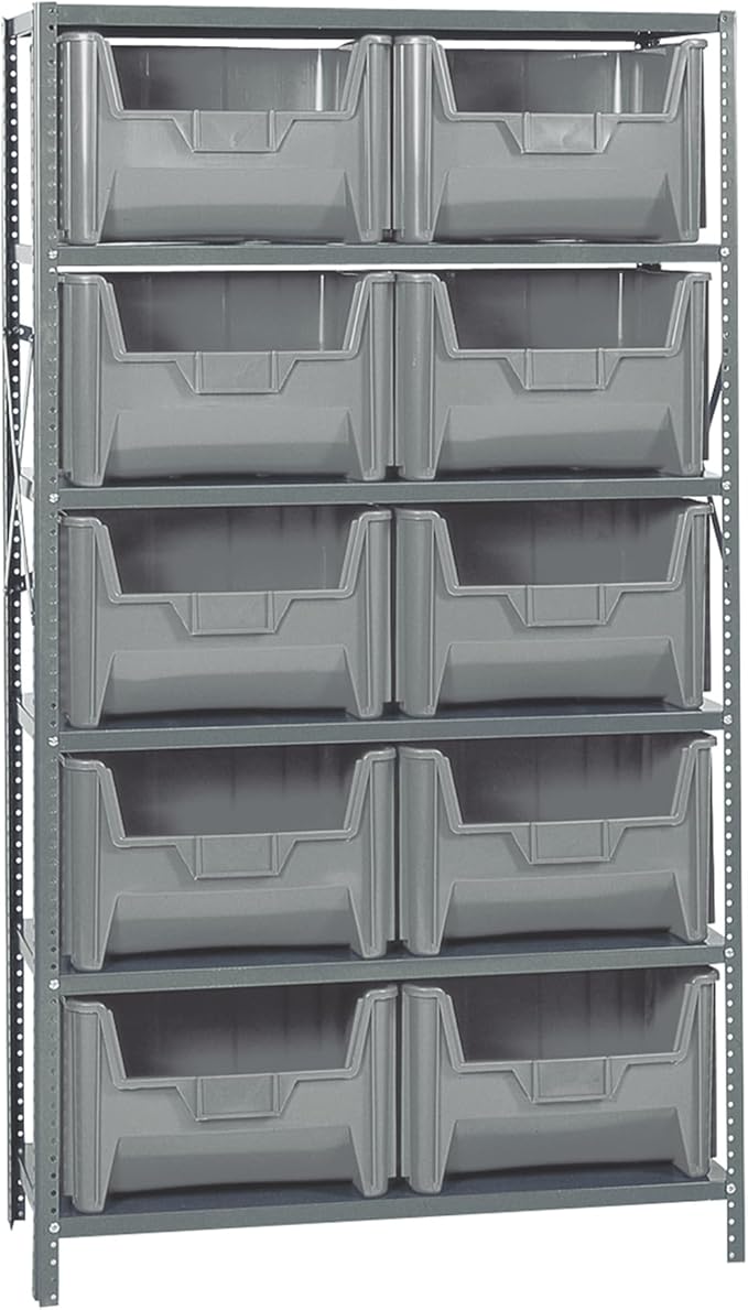 Quantum Storage Systems QSBU-700GY Solid Heavy Duty 6 Shelves 10 Giant Stack Gray Bins 75" H x 36" W x 18" D