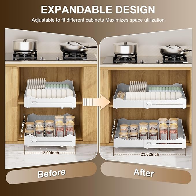 Pull Out Drawers for Cabinets, Expandable Pull Out Cabinet Organizer 11-18" Width,13-24" Depth, Roll out Shelves for Cabinets Without Lip, No Drill Adjustable Slide out Drawers for Kitchen & Pantry