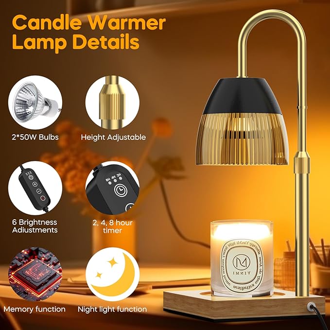 Candle Warmer Lamp with Timer Auto Off, Rose Gold Candle Burning Lamps Dimmable Height Adjustable Wax Melting Bedroom Night Light Metal Glass Lamp with Two GU10 Bulbs-Gift