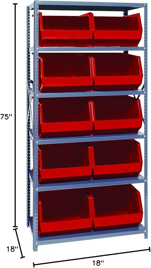Quantum Storage Systems QSBU-270RD Giant Open Hopper Steel Shelving System, 18" D x 36" W x 75" H, with 6 Shelves and 10 QUS270 Bins, Red