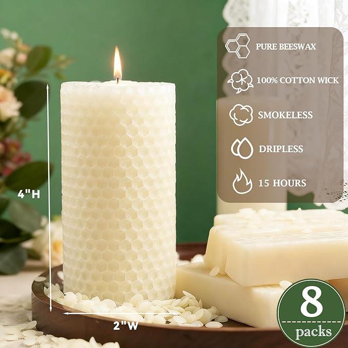 8 Packs White Beeswax Candles, Natural Beeswax Pillar Candles for Home Decor, Hand-Rolled Unscented Bees Wax Candle for Air Purify, Holiday Decor, 2x4 Inch