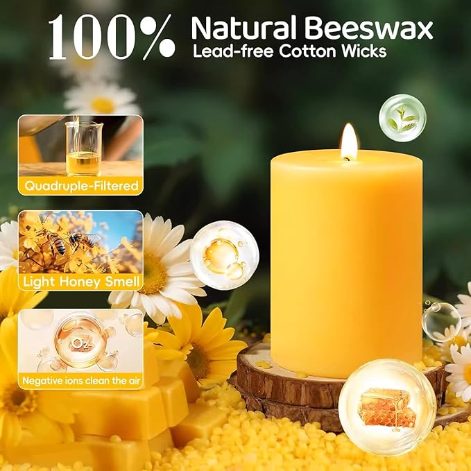 6 Pack Pure Nature Beeswax Pillar Candles, 2x4 Inches, 210 Hours Long Burn Time, Smokeless and Unscented Beeswax Candles for Home,Paryer,Parties
