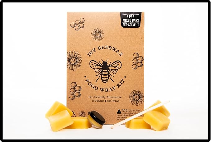 Made in USA DIY Pre Mixed Beeswax Wrap KIT- Made with Pine Resin, Beeswax & Jojoba Oil - Beeswax Wraps for Food- Make Your Own 6 Bees Wrap Sheets with 5 ml Pinon Salve for Sticky Fingers Square Shape