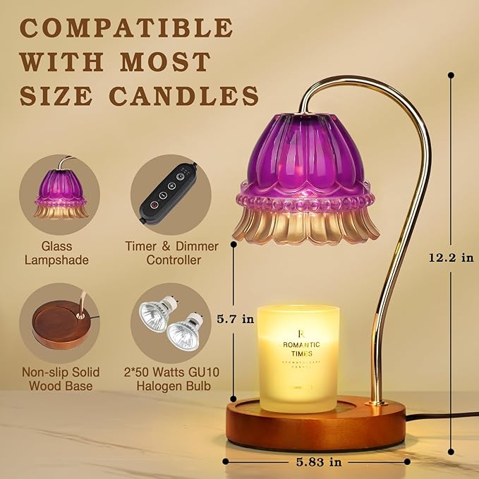 Funistree Flower Candle Warmer Lamp with Timer, Wax Warmer, Height Adjustable, Birthday Gifts for Women, Mom, Sister, Candle Lamp Warmer Gifts, Electric Dimmable Candle Warmer, Vintage Home Decor