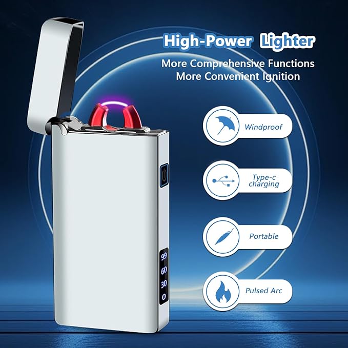Electric Lighter Rechargeable USB Type C Lighter Plasma Arc Big Flame Lighters Windproof Electronic Cool Unique Lighters with Digital Power Display for Candle, Incense, Fireworks (Ice Silver)