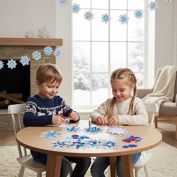 Tinlade 32 Set Winter Snowflake Craft Kit DIY Snowflakes Suncatchers Window Stained Glass Tissue Paper Glitter Blue Hanging Ornaments Decorations Make Your Own Xmas Winter School Activities