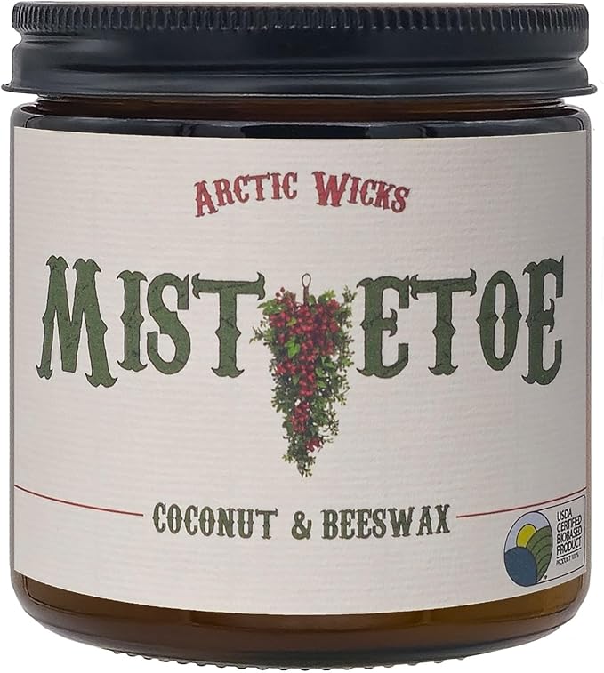 Arctic Wicks Handcrafted Candles | Non Toxic Coconut Beeswax Candles 16oz Double Wick | 100% USDA Certified Biobased, Handmade, Premium Waxes, Non-Toxic (Mistletoe, 16oz Amber Jar)