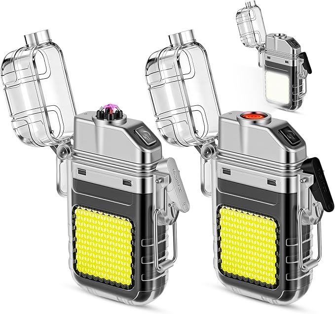 2 Pack Waterproof Lighter of 3 Modes Windproof Flashlight, Dual Arc Plasma Lighter, Flameless, Electric USB Rechargeable for Camping, Hiking, Outdoor Survival Gifts for Men