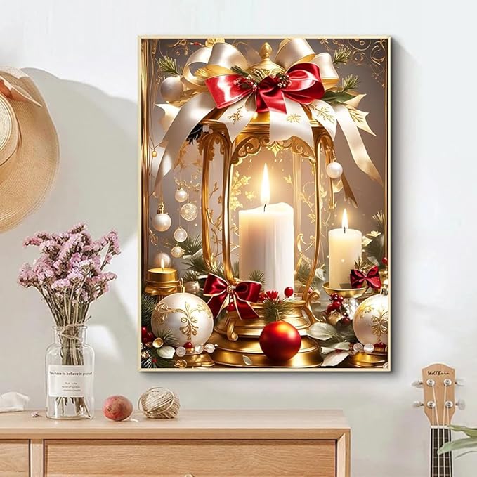 Accompany Wind Diamond Art Kits for Adults, Christmas Candle Diamond Painting Kits for Beginners, DIY 5D Round Full Drill Crystal Diamond Dots Gem Art Craft Home Decor 12x16 Inch