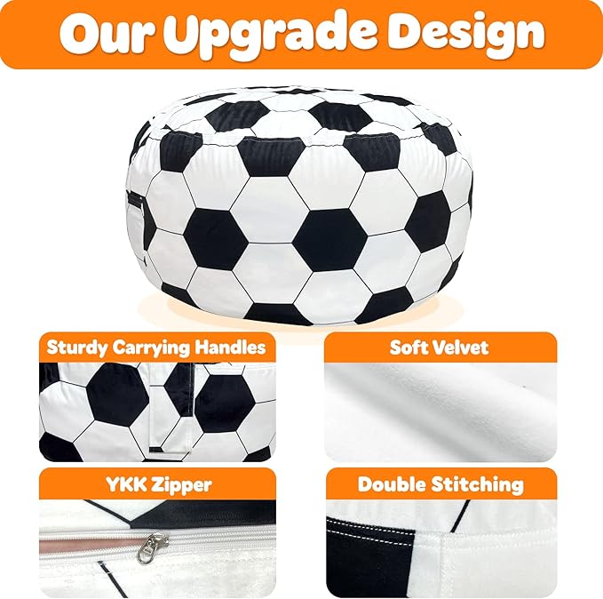 Lukeight Soccer Stuffed Animals Storage Bean Bag Chair Cover Only (Ships Empty, No Filling) - Velvet YKK Zipper Beanbag Cover for Toddlers and Kids, Washable Plush Toy Organizer, Large 27" D x 16" H