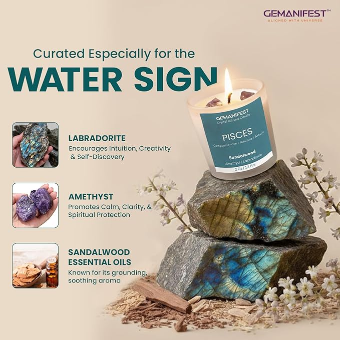 Pisces Zodiac Candle Gifts for Women and Men Sandalwood Crystal Candles for Manifestation Zodiac Crystal Candle with Bracelet and Healing Crystals Pisces Birthday Gifts
