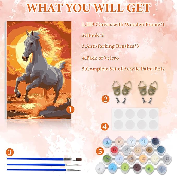 NAIMOER Horse Paint by Numbers Kits for Adults Beginner with Wooden Framed, Color by Numbers on Canvas Painting Kits for Adults, Easy Paint DIY Acrylic for Home Wall Decor 8X12 Inch