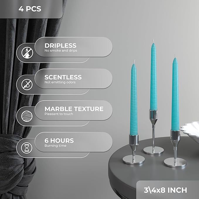 CANDWAX 8 inch Turquoise Taper Candles Pack of 4 - Unscented Smokeless Dripless Tall Candlesticks - Perfect for Holidays, Ordinary Dinners and Special Occasions - Teal Taper Candles