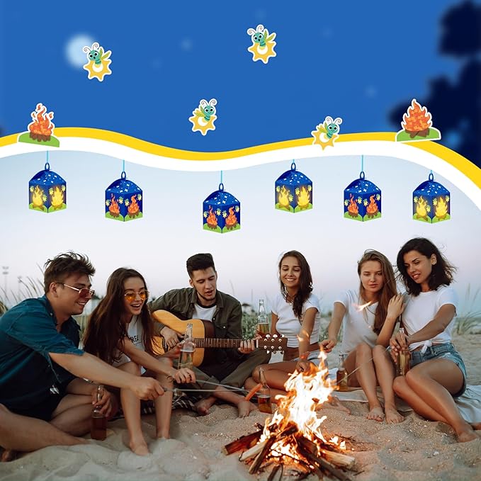 Simgoing 12 Sets Camp Crafts with LED Candles Lights Camping Campfire Vbs Tissue Paper Crafts Kits DIY Campfire Lantern Hanging Ornaments for Vbs Sunday School Party Activities