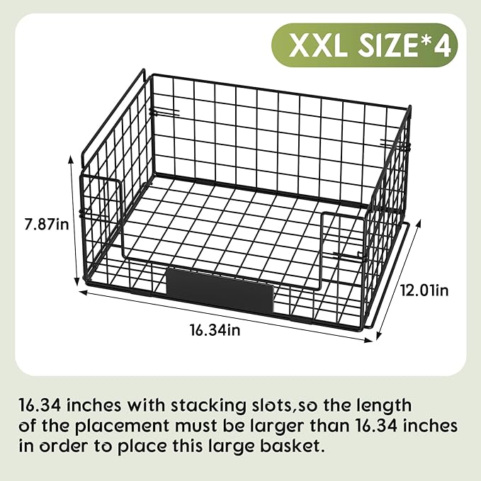 JKsmart 4 Pack XXL Stackable Wire Baskets with Handles for Pantry Storage and Organization,Fruit and Vegetable Basket with Name Plates,Metal Storage Bins for Snack Can Fruit Veggies