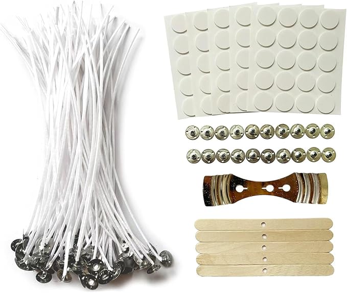 100Pcs Candle Wicks 8 Inch,100pcs Candle Wick Stickers,Candle Wick Centering Device,20 Pcs Metal Sustainer Tabs,5pcs Candle Wick Holder Materiales para Hacer Velas