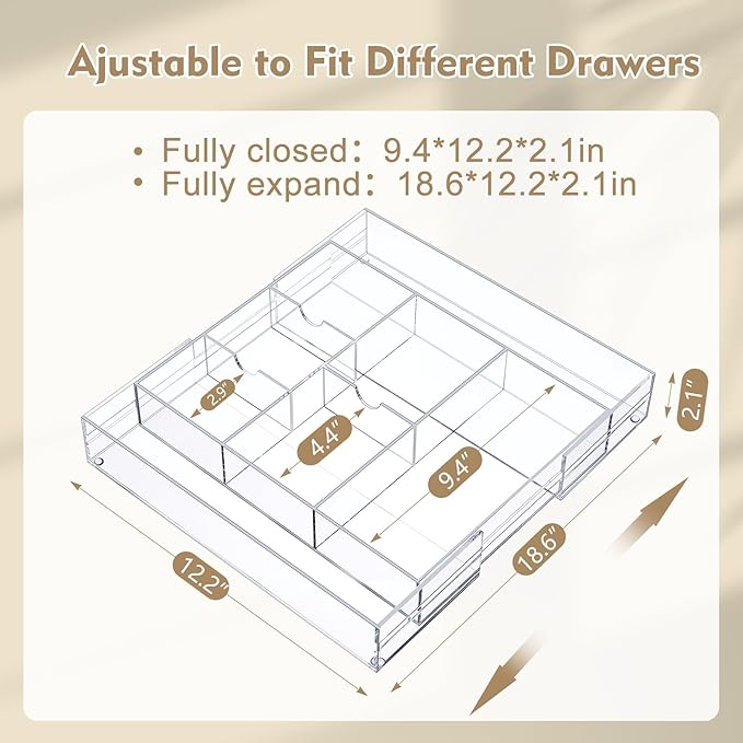 Briwooody 2 Pcs Acrylic Desk Drawer Organizer Maximum 12 x 18 x 2.1 Inch Expandable Drawer Organizer Trays with 8 Adjustable Compartments Desk Accessories for Makeup Silverware Office Bathroom