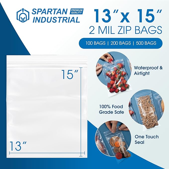 Spartan Industrial - 13” X 15” (200 Count) 2 Gallon Clear Reclosable Zip Plastic Poly Bags with Resealable Lock Seal Zipper - 2 Mil
