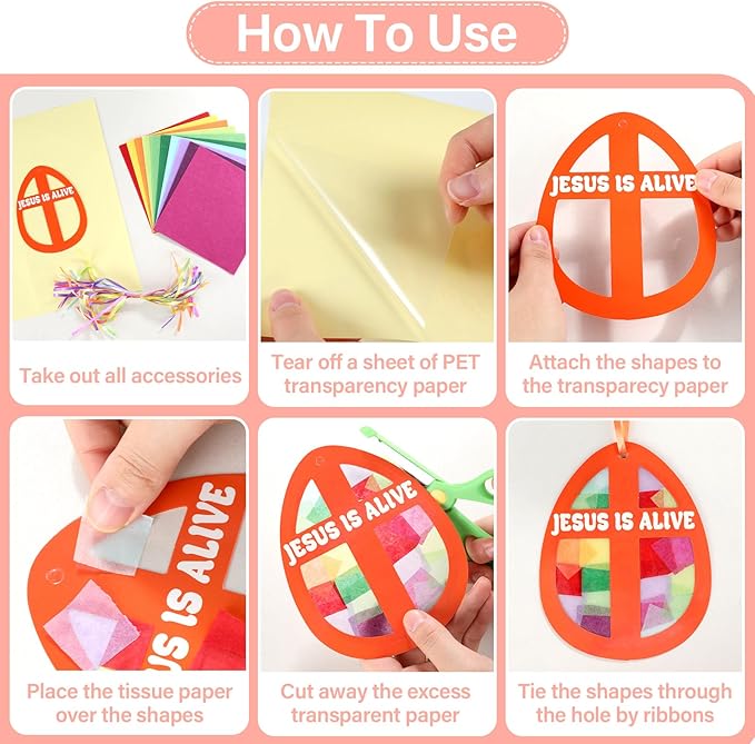 Qyeahkj 36 Set Easter Eggs Suncatchers Crafts for Kids DIY Jesus is Alive Cross Window Tissue Paper Craft Kit Religion Hanging Decor for Church School Home Activity Art Project Party Favor Gift