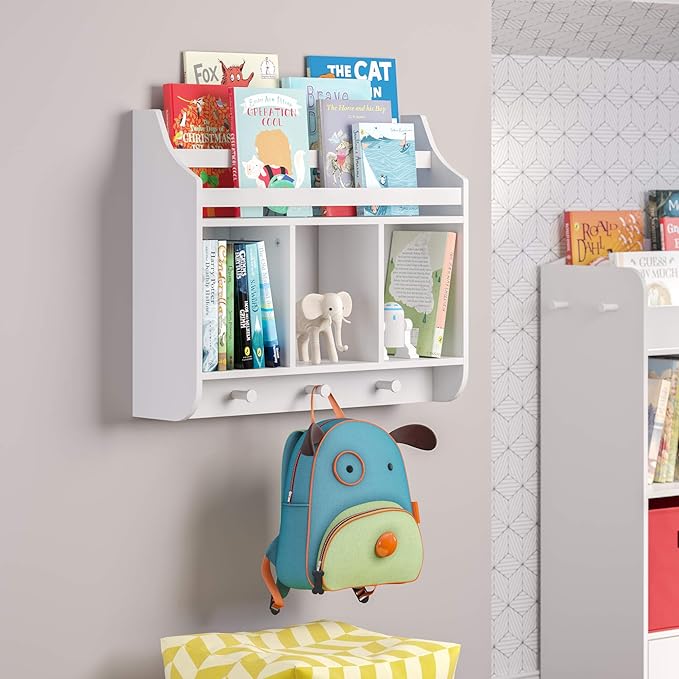 RiverRidge Kids Bookshelf with 3 Cubbies & Hooks - Book Nook Wall Bookshelf for Kids' Rooms Storage Display Rack for Toys and Games