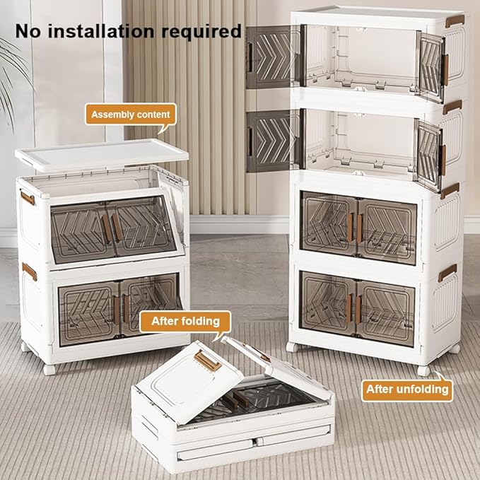 4-Tier Stackable Storage Bins with Lids 94QT Plastic Large Collapsible Storage Containers with Wheels and Magnetic Doors Foldable Closet Organizers for Living Room Garage Home Office, Clear