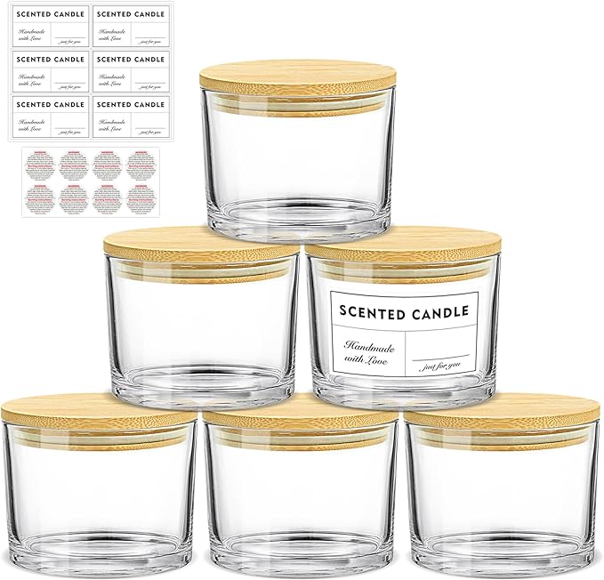 SUPMIND 16oz Candle Jars 6 Pack - 3 Wick Large Empty Clear Glass Candle Making Vessels with Bamboo Lids, with Stickers and Labels, Bulk Candle Jars for Making Candles Containers - Dishwasher Safe