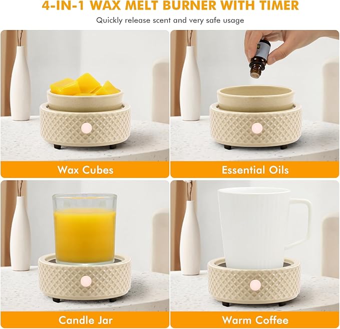 Wax Melt Burner Warmer with Timer Ceramic 4-in-1 Electric Candle Warmer Auto Shut-Off for Scented Wax Melts, Candle Jars, Essential Oil, Coffee Cup Warmer Home Decor Fragrance Gifts for Women - Beige