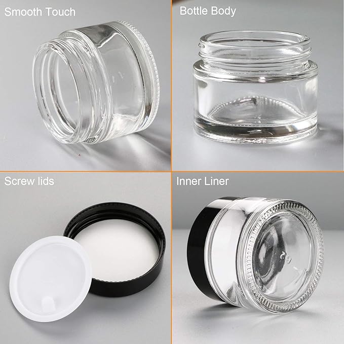 Encheng 15 Pack of 2 oz Clear Round Glass Jars, with Inner Liners and Lids, Empty Cosmetic Containers,Cream jars