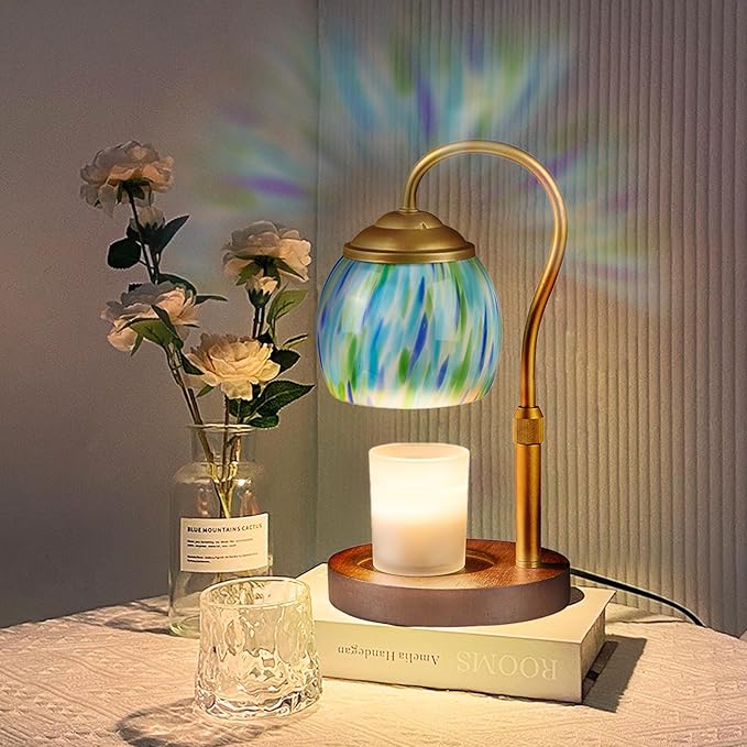 Blue Opal art glass Candle Warmer Lamp with Wood Base - Height Adjustable, 2/4/8H Timer, 4-Level Dimmer - Includes 2 GU10 Bulbs - Winter Home Decor & Gifts for Women, Fits Candles up to 5"