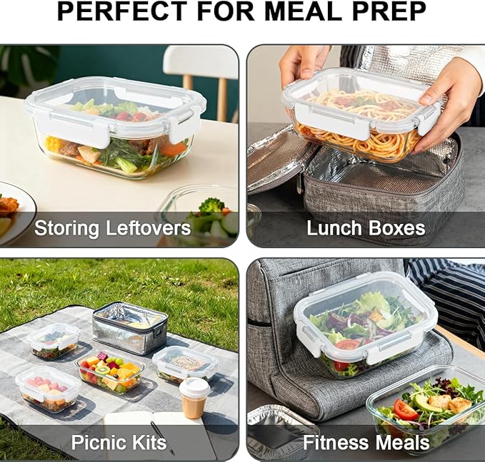 KAMOTA Glass Food Storage Containers, 10 Pack Glass Meal Prep Containers, Airtight Containers with Snap-Lock Lids, 22 oz White Container Set with Lids, for Microwave/Oven/Freezer/Dishwasher