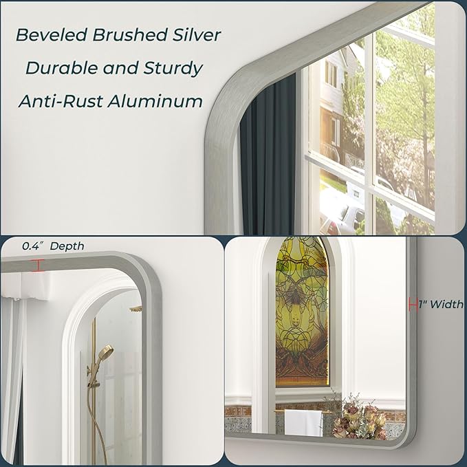 OKPAL 16 x 24 Inch Silver Bathroom Mirror, Rounded Rectangle Silver Vanity Mirror, Beveled Brushed Nickel Framed Mirror for Wall, HD Glass, Anti-Rust Aluminum Alloy Mirror